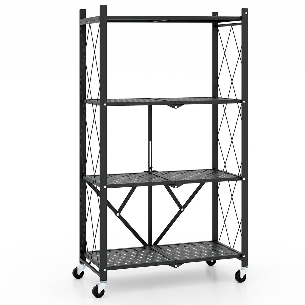 4-Tier Foldable Storage Shelf Collapsible Rack with Lockable Wheels