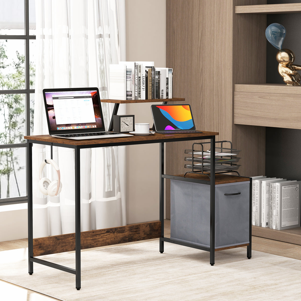 Computer Desk with Reversible Storage Drawer - Brown