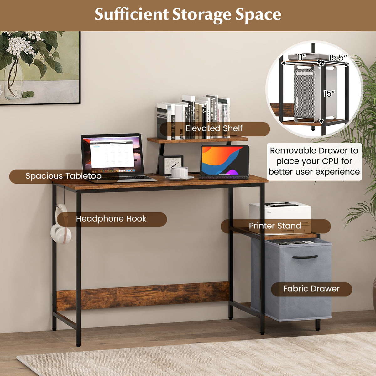 Computer Desk with Reversible Storage Drawer - Brown