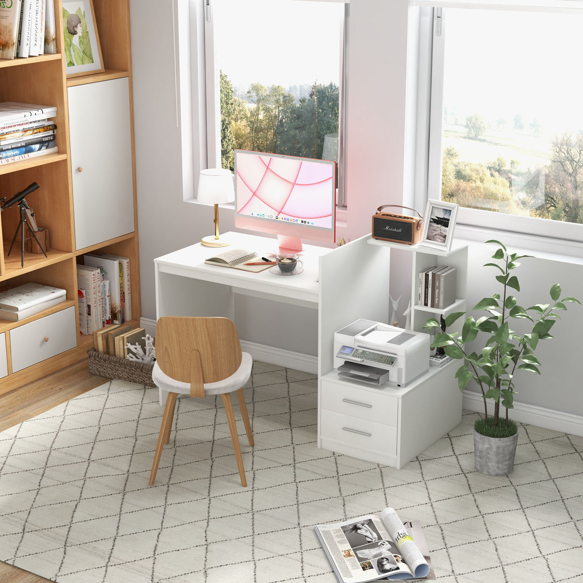Computer Desk with Bookshelf and Drawers - White