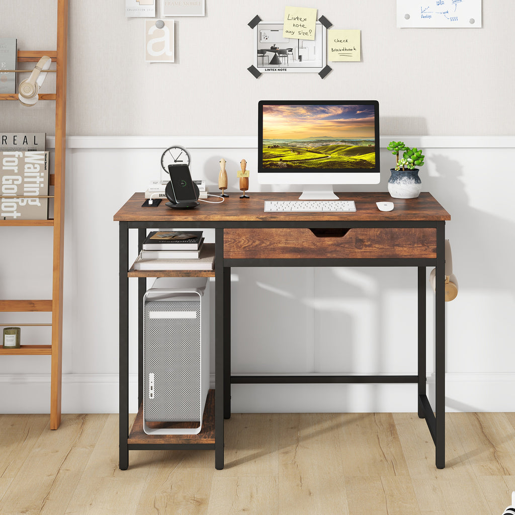 Computer Desk with Charging Station & Drawer - Rustic Brown