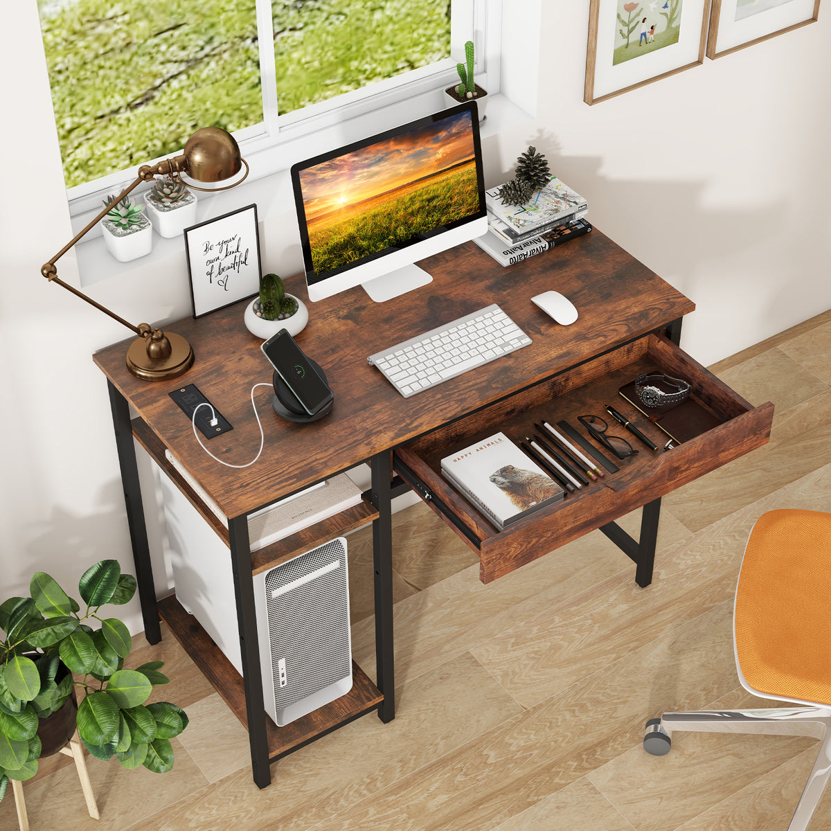 Computer Desk with Charging Station and Drawer & Adjustable Shelf