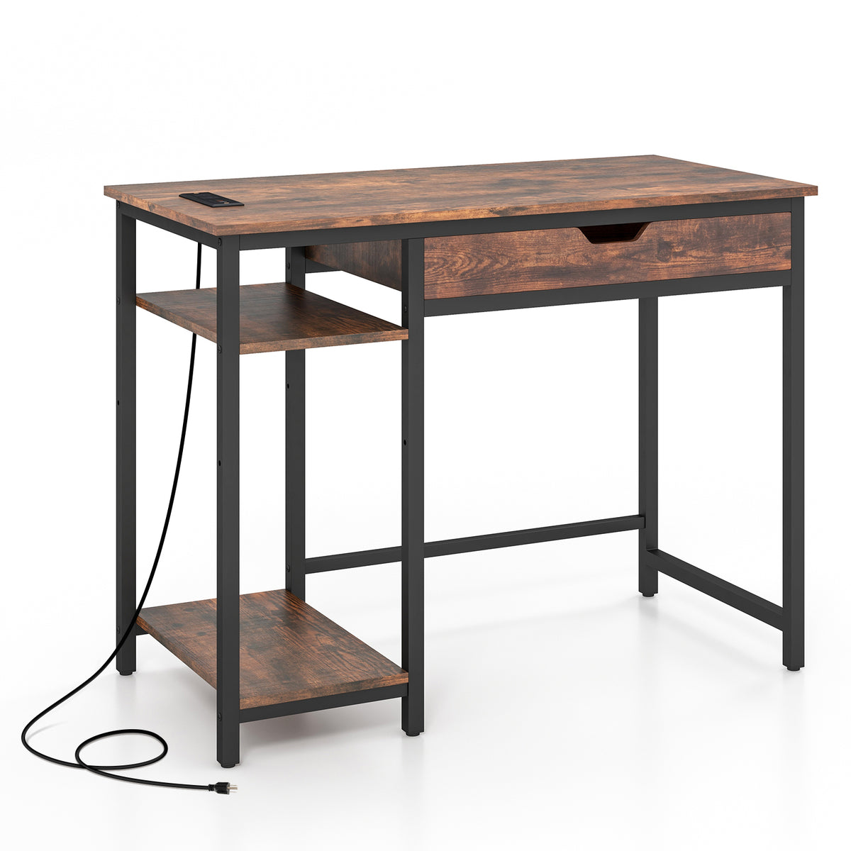 Computer Desk with Charging Station & Drawer - Rustic Brown
