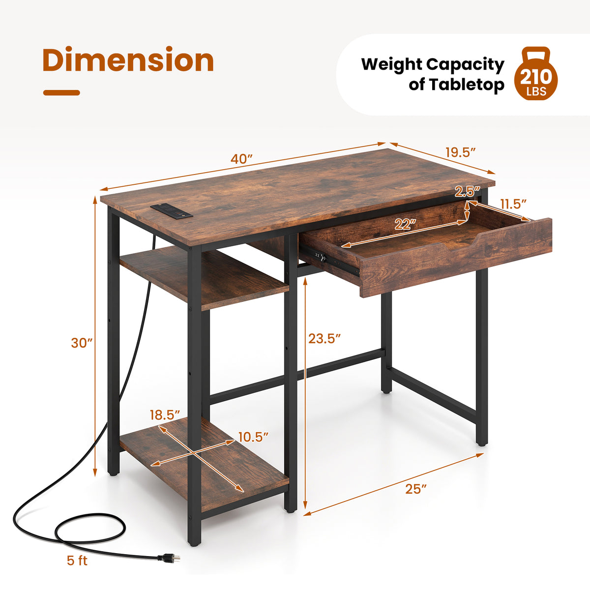 Computer Desk with Charging Station & Drawer - Rustic Brown