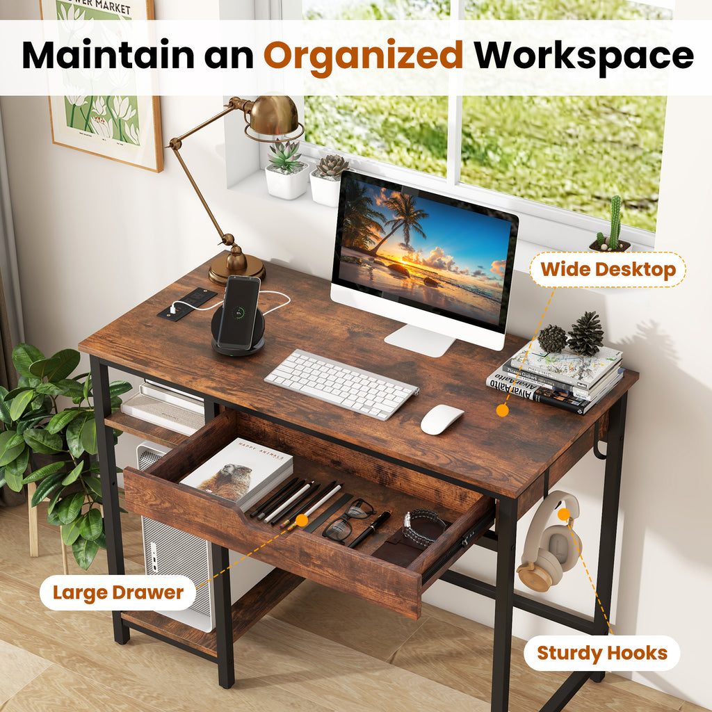 Computer Desk with Charging Station & Drawer - Rustic Brown