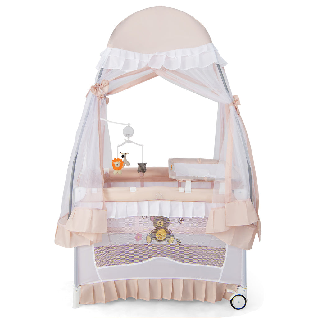 Gray Convertible Baby Bassinet with Removable Changing Table and Mesh Canopy