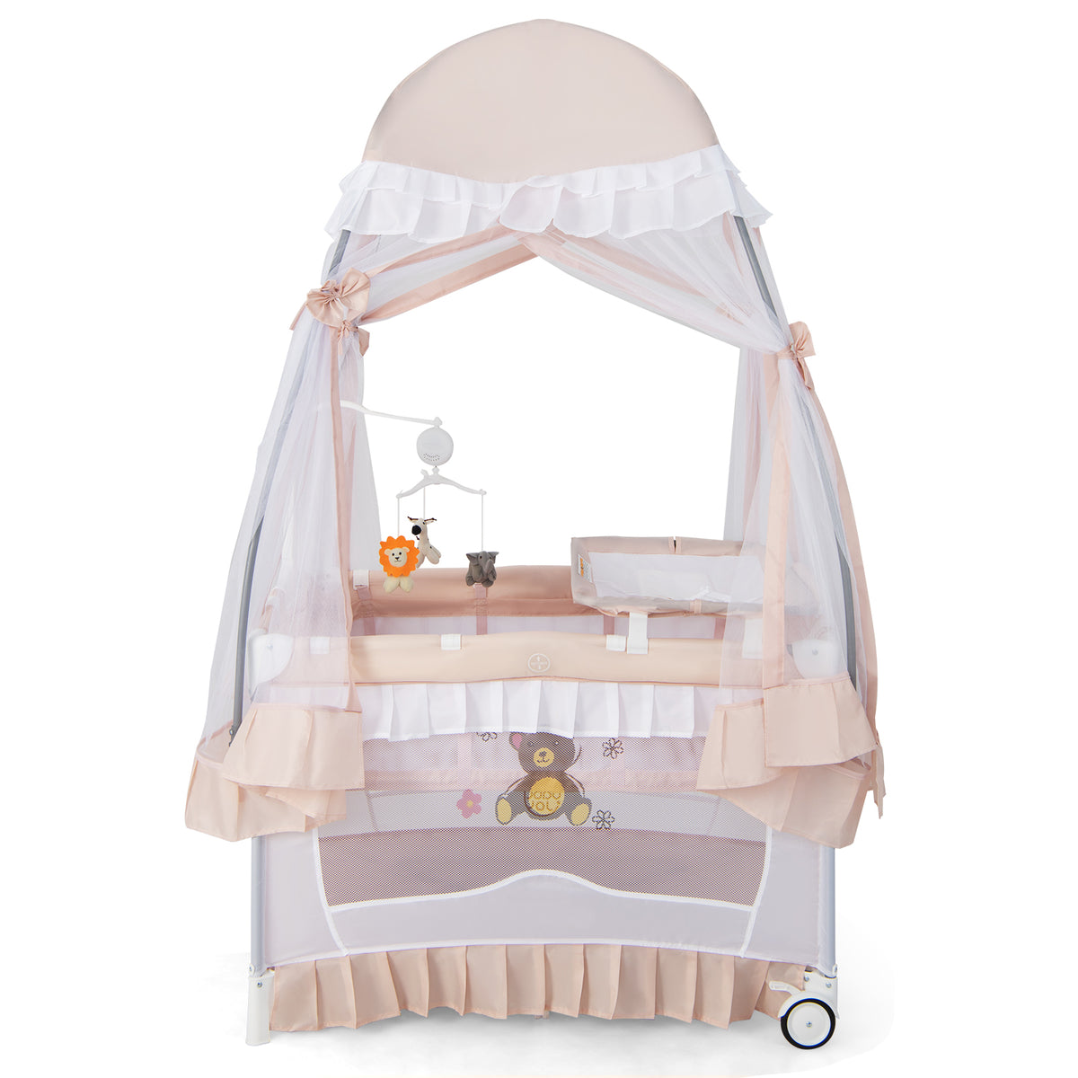 Gray Convertible Baby Bassinet with Removable Changing Table and Mesh Canopy