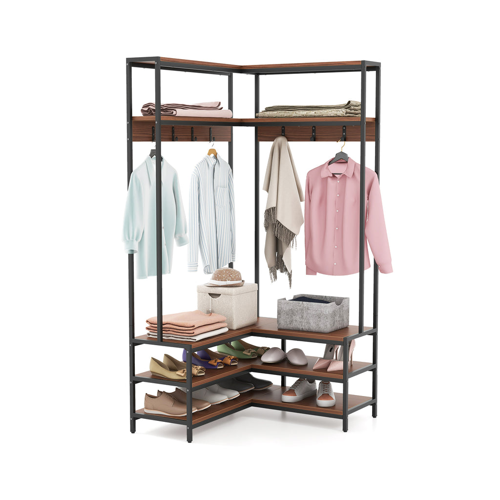 Corner Garment Rack with Shoe Bench and Open Shelves – Wood+Metal, Walnut