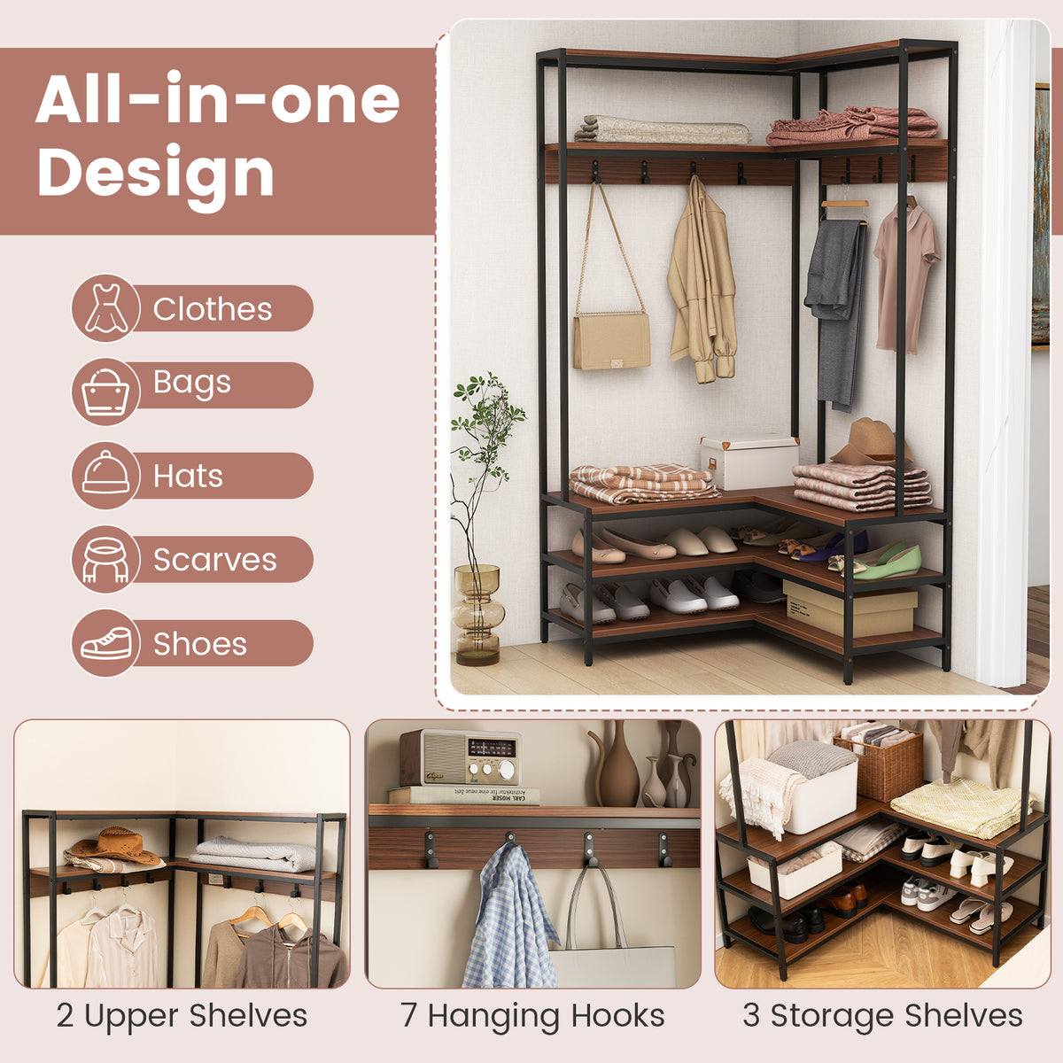 Corner Garment Rack with Shoe Bench and Open Shelves – Wood+Metal, Walnut