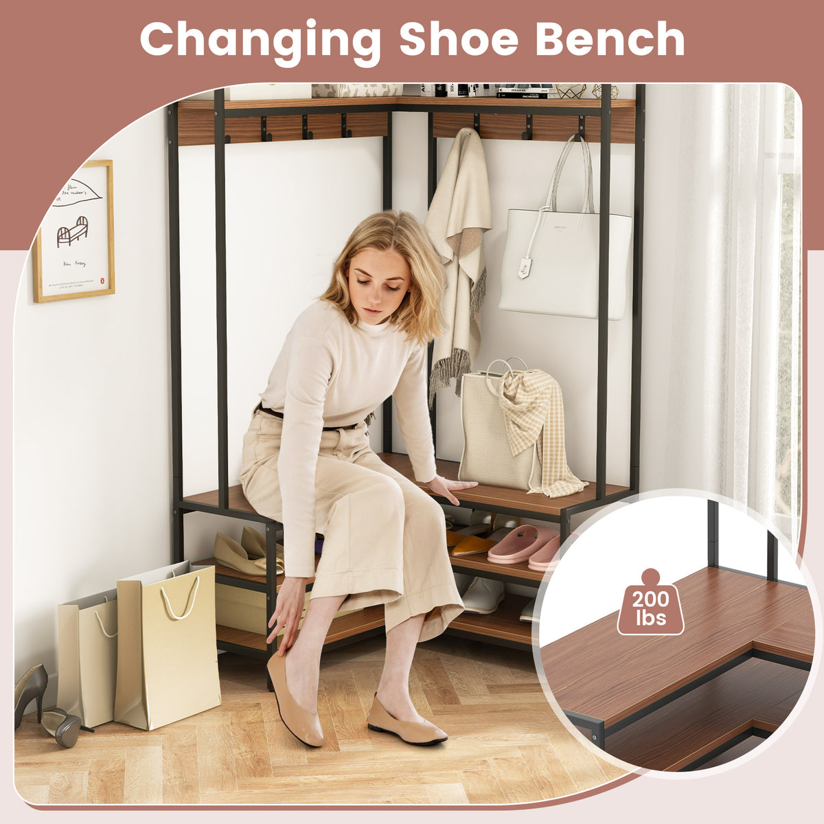 Corner Garment Rack with Shoe Bench and Open Shelves – Wood+Metal, Walnut