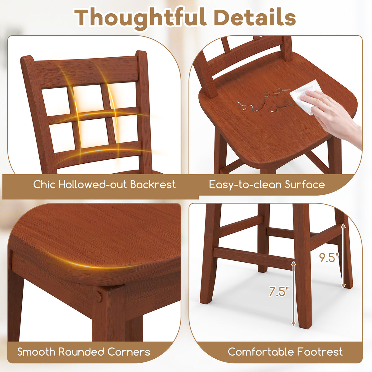 Counter Height Barstools Set of 2, Walnut - 24.5 Inch Grid Back