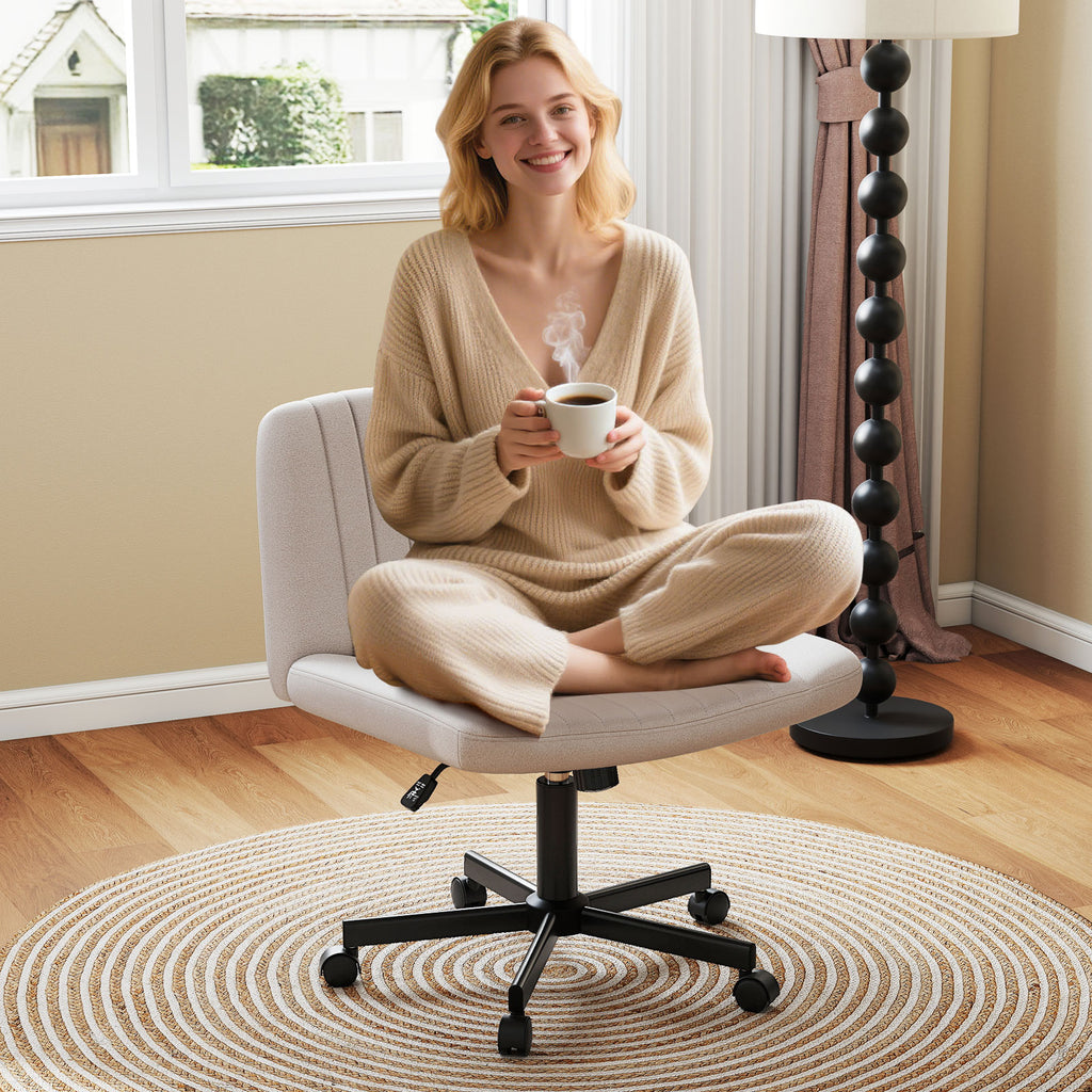 Cross-Legged Swivel Chair with Wheels, Gray Linen