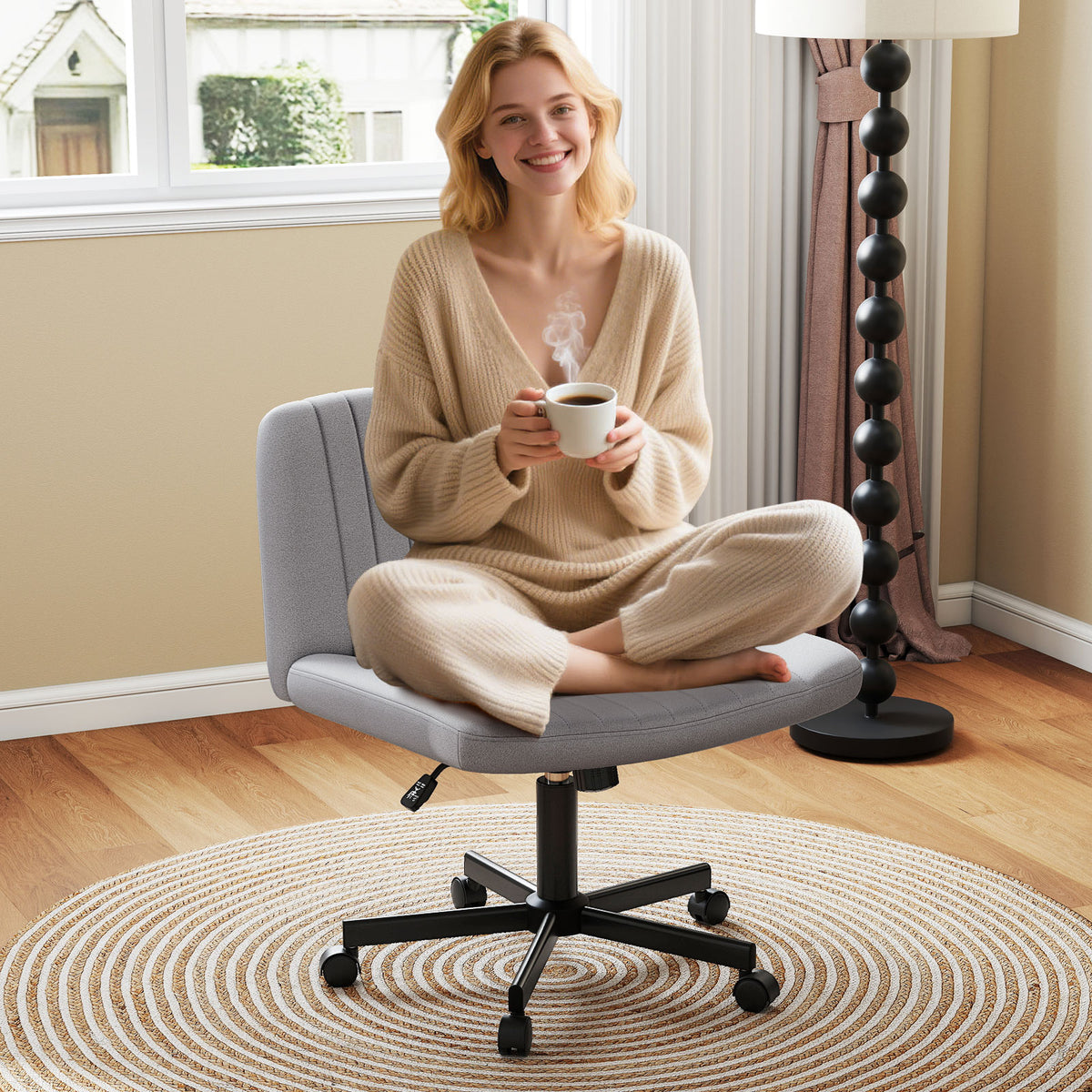 Cross-Legged Swivel Chair with Wheels, Gray Linen