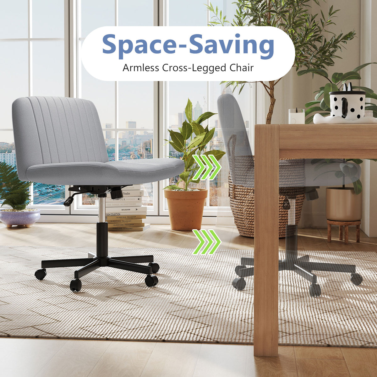 Cross-Legged Swivel Chair with Wheels, Gray Linen