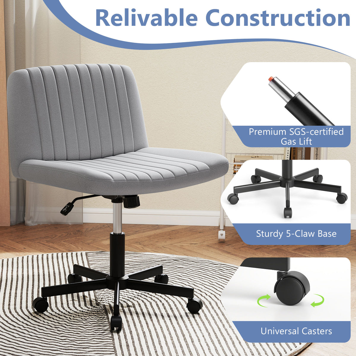 Cross-Legged Swivel Chair with Wheels, Gray Linen