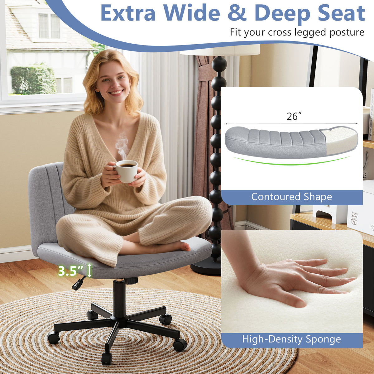 Cross-Legged Swivel Chair with Wheels, Gray Linen