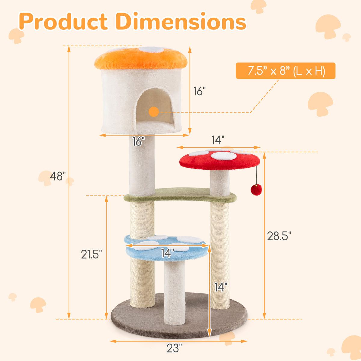 Multicolor Cute Mushroom Cat Tree with Sisal Scratching Posts, Top Condo & Padded Platforms