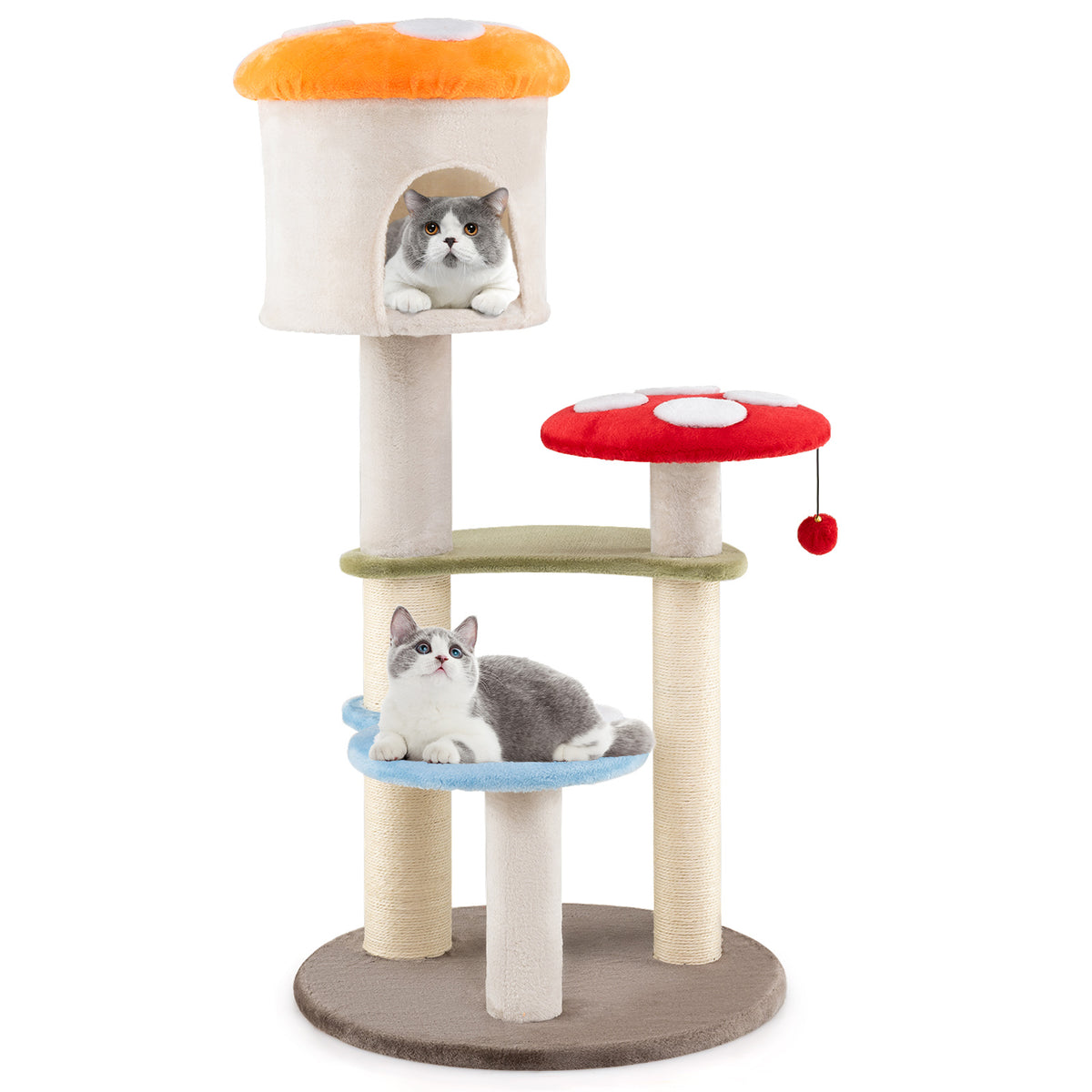 Multicolor Cute Mushroom Cat Tree with Sisal Scratching Posts, Top Condo & Padded Platforms