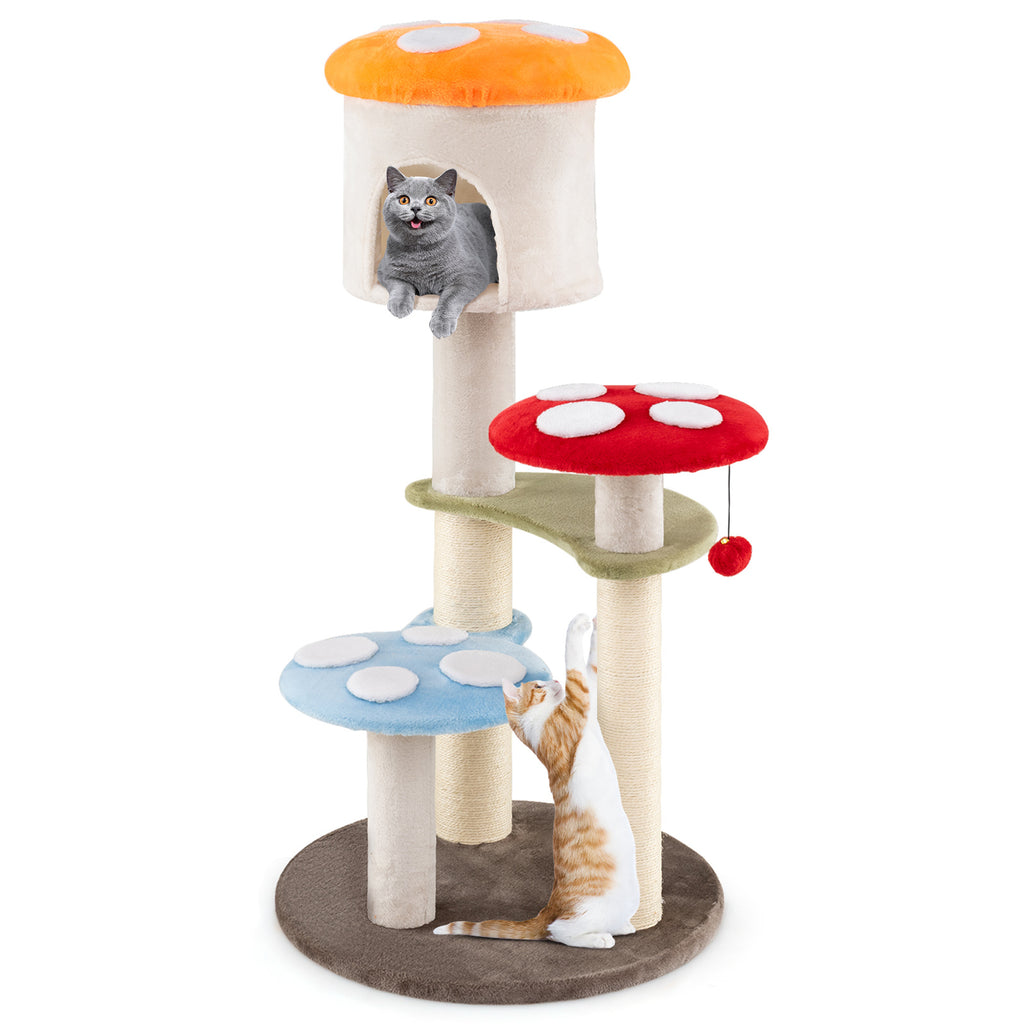 Multicolor Cute Mushroom Cat Tree with Sisal Scratching Posts, Top Condo & Padded Platforms