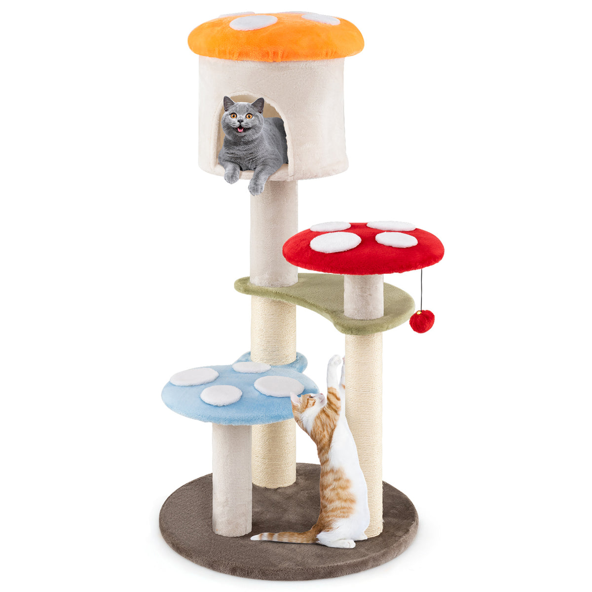 Multicolor Cute Mushroom Cat Tree with Sisal Scratching Posts, Top Condo & Padded Platforms