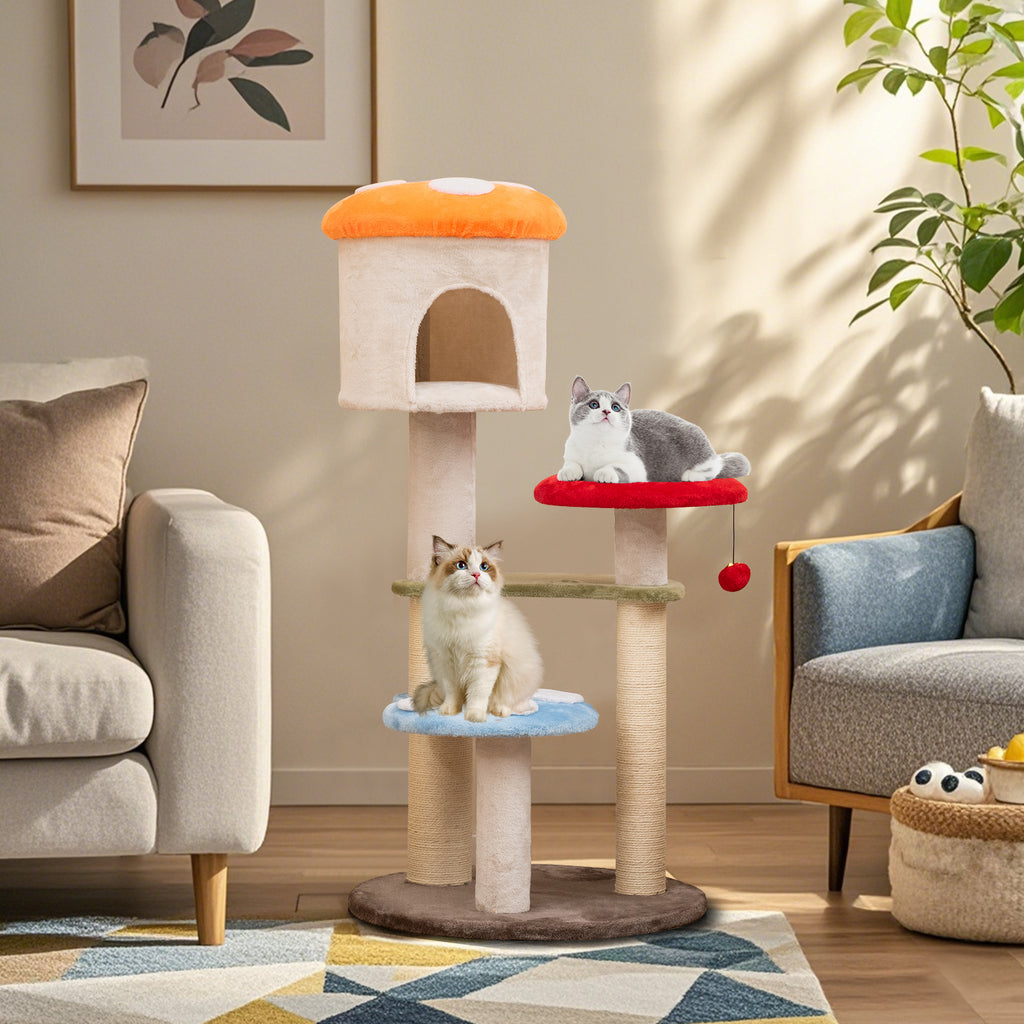 Multicolor Cute Mushroom Cat Tree with Sisal Scratching Posts, Top Condo & Padded Platforms