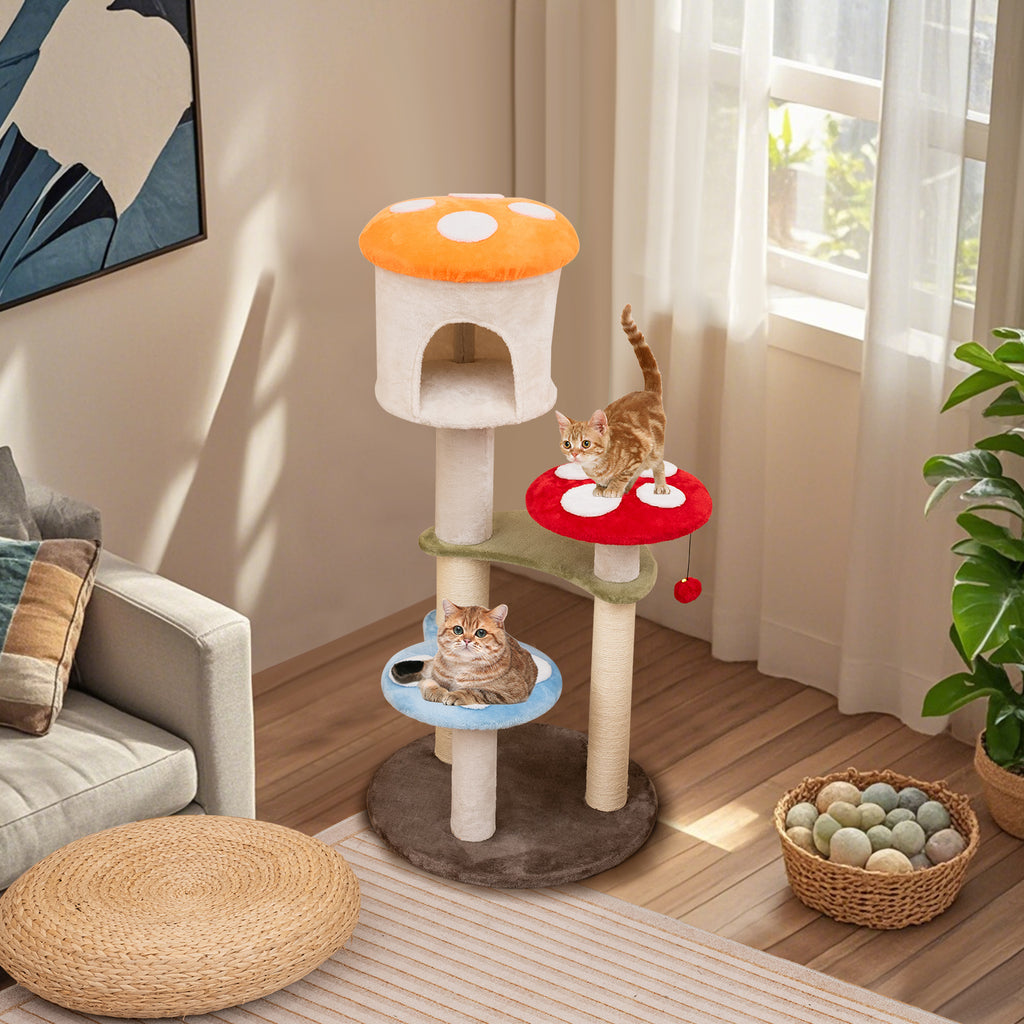 Multicolor Cute Mushroom Cat Tree with Sisal Scratching Posts, Top Condo & Padded Platforms