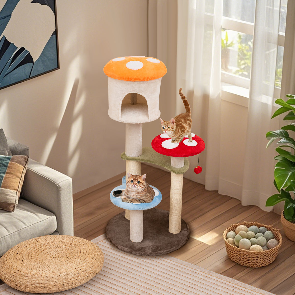 Multicolor Cute Mushroom Cat Tree with Sisal Scratching Posts, Top Condo & Padded Platforms