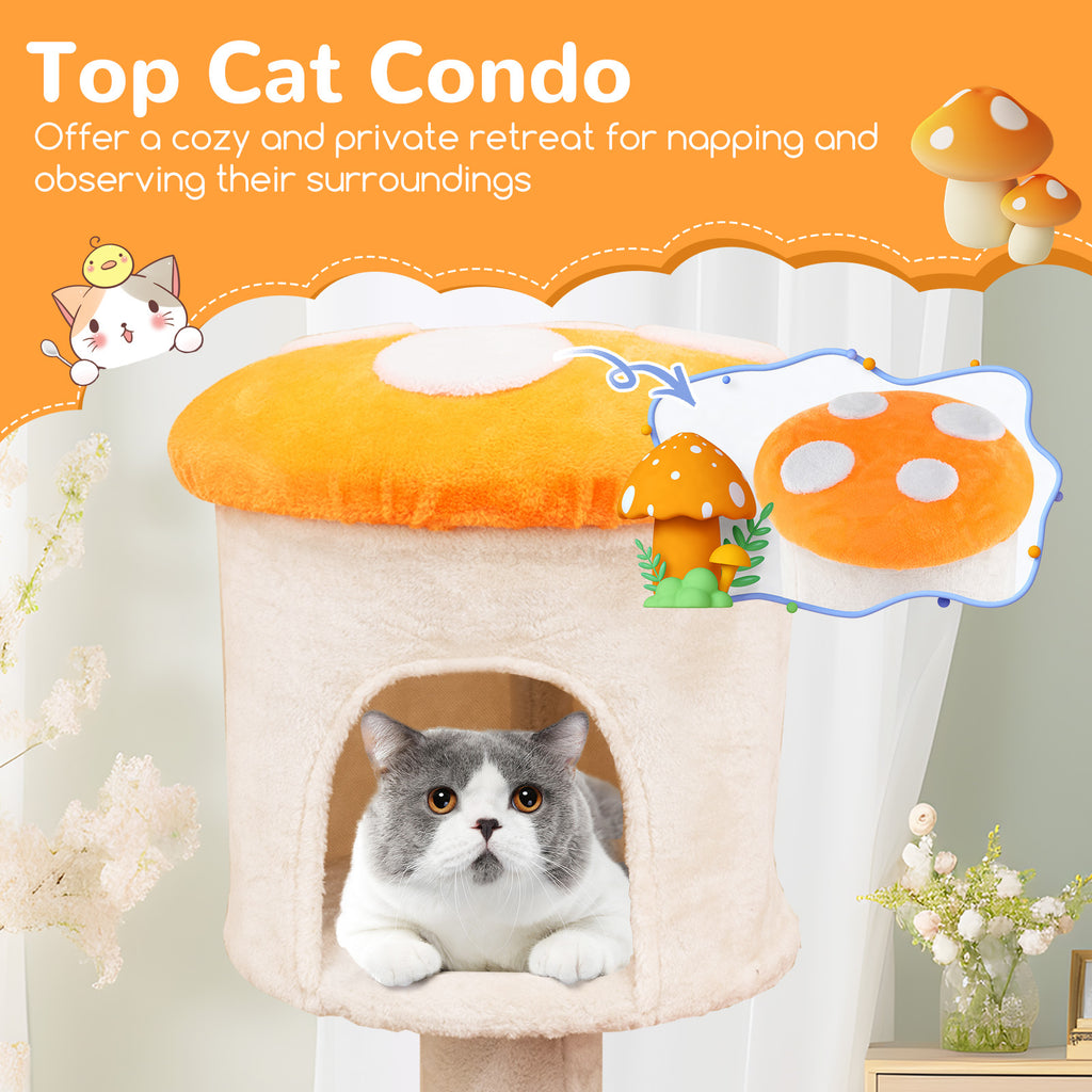 Multicolor Cute Mushroom Cat Tree with Sisal Scratching Posts, Top Condo & Padded Platforms