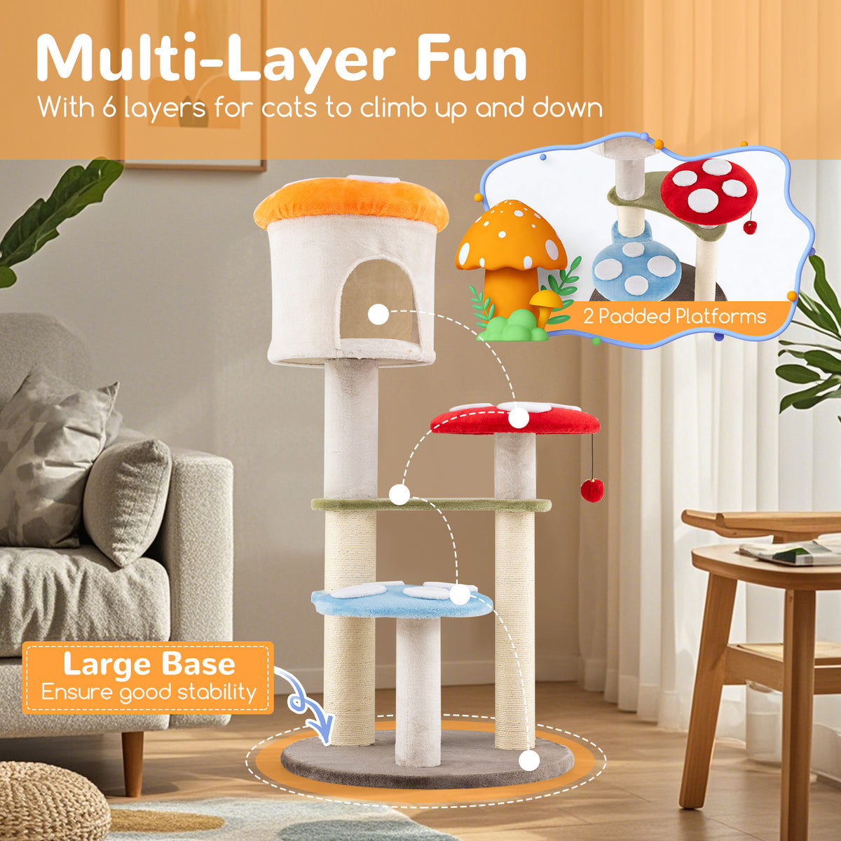 Multicolor Cute Mushroom Cat Tree with Sisal Scratching Posts, Top Condo & Padded Platforms