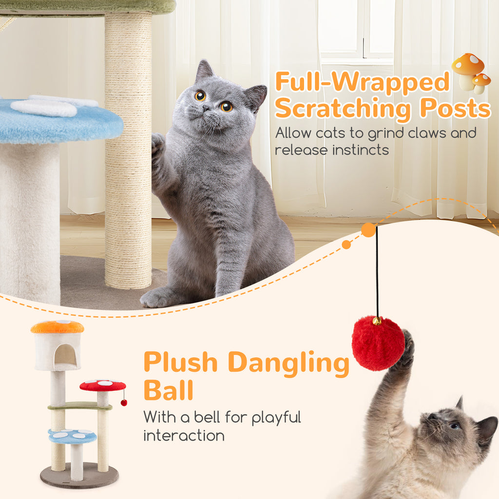Multicolor Cute Mushroom Cat Tree with Sisal Scratching Posts, Top Condo & Padded Platforms