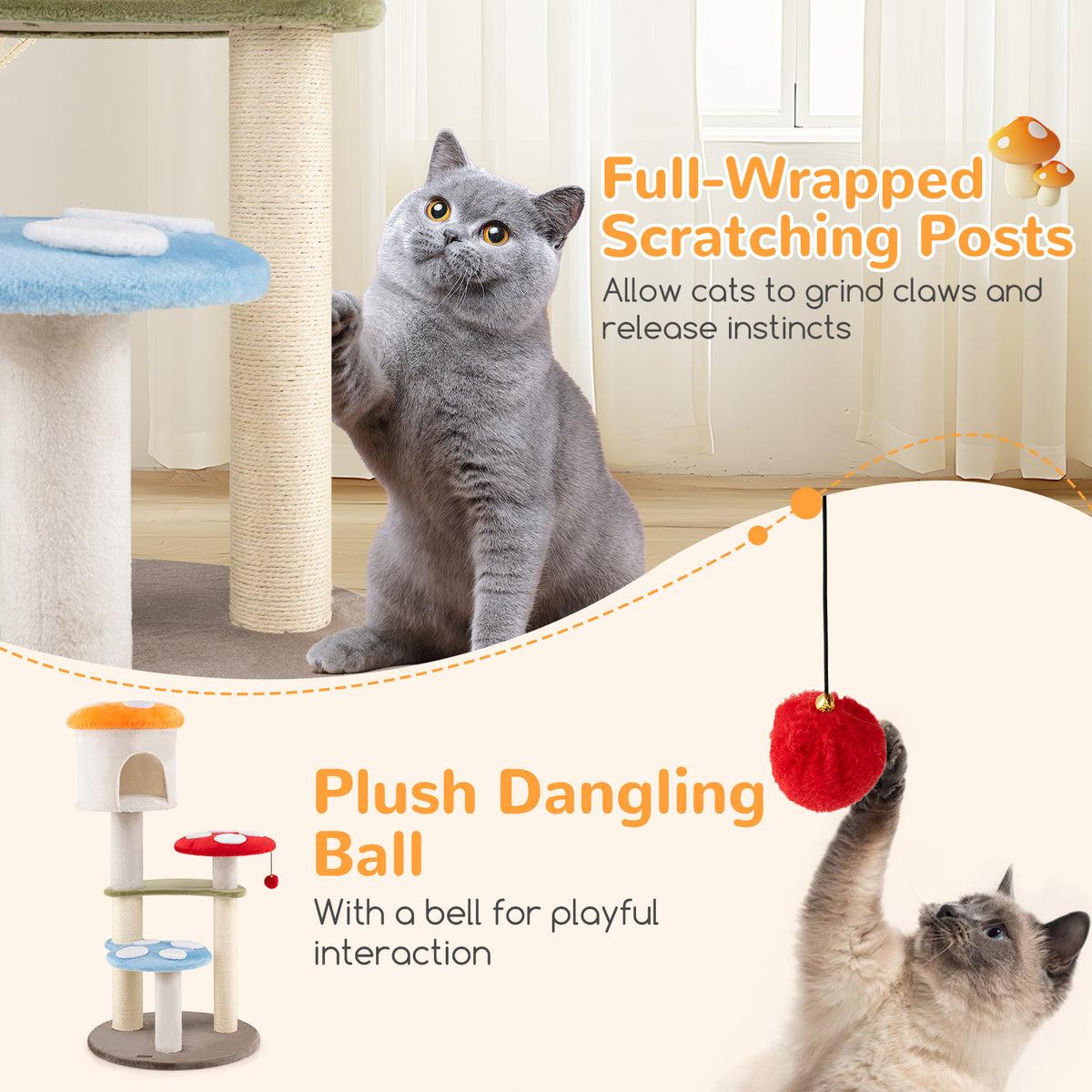 Multicolor Cute Mushroom Cat Tree with Sisal Scratching Posts, Top Condo & Padded Platforms