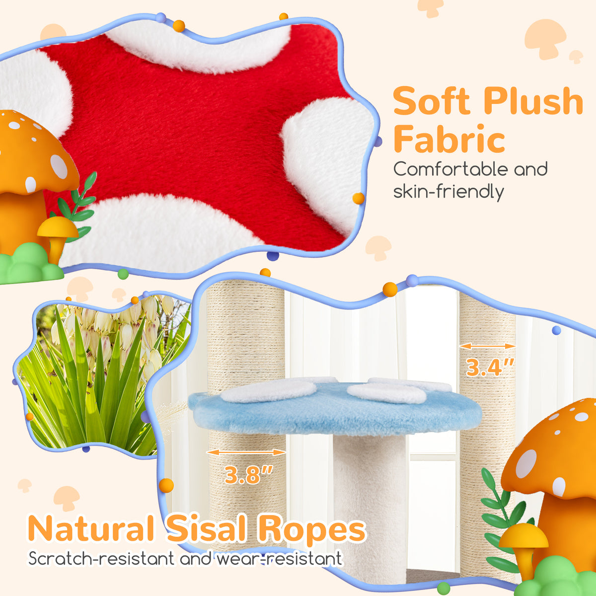 Multicolor Cute Mushroom Cat Tree with Sisal Scratching Posts, Top Condo & Padded Platforms