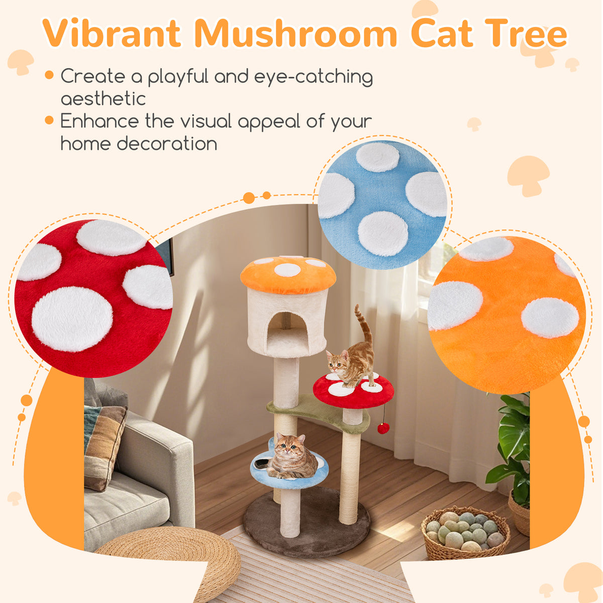 Multicolor Cute Mushroom Cat Tree with Sisal Scratching Posts, Top Condo & Padded Platforms