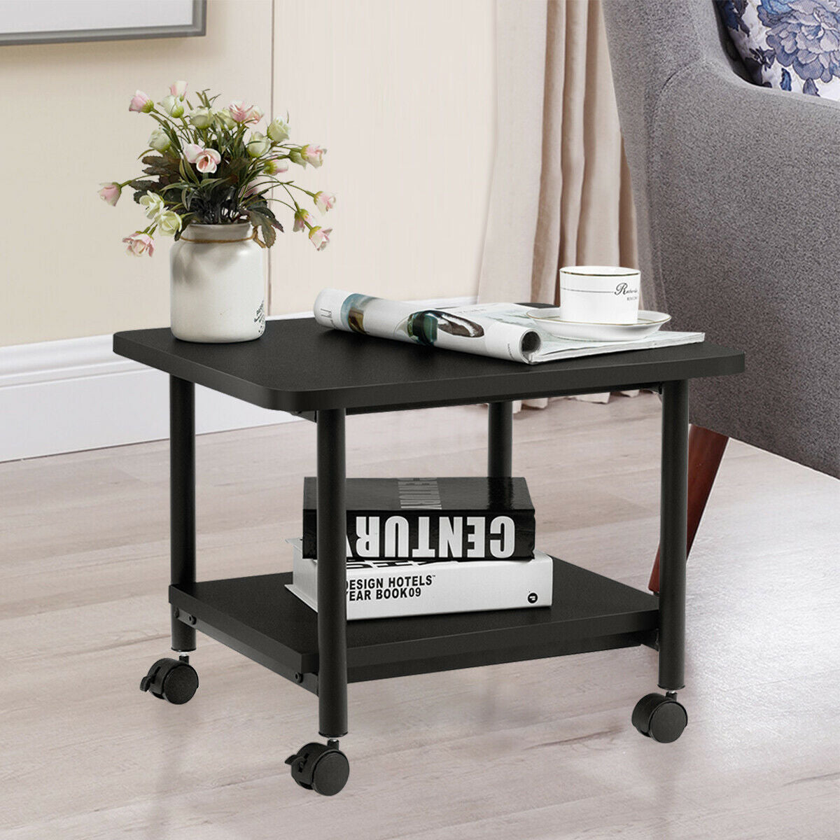 Under Desk Printer Stand with Storage Shelf and Lockable Wheels