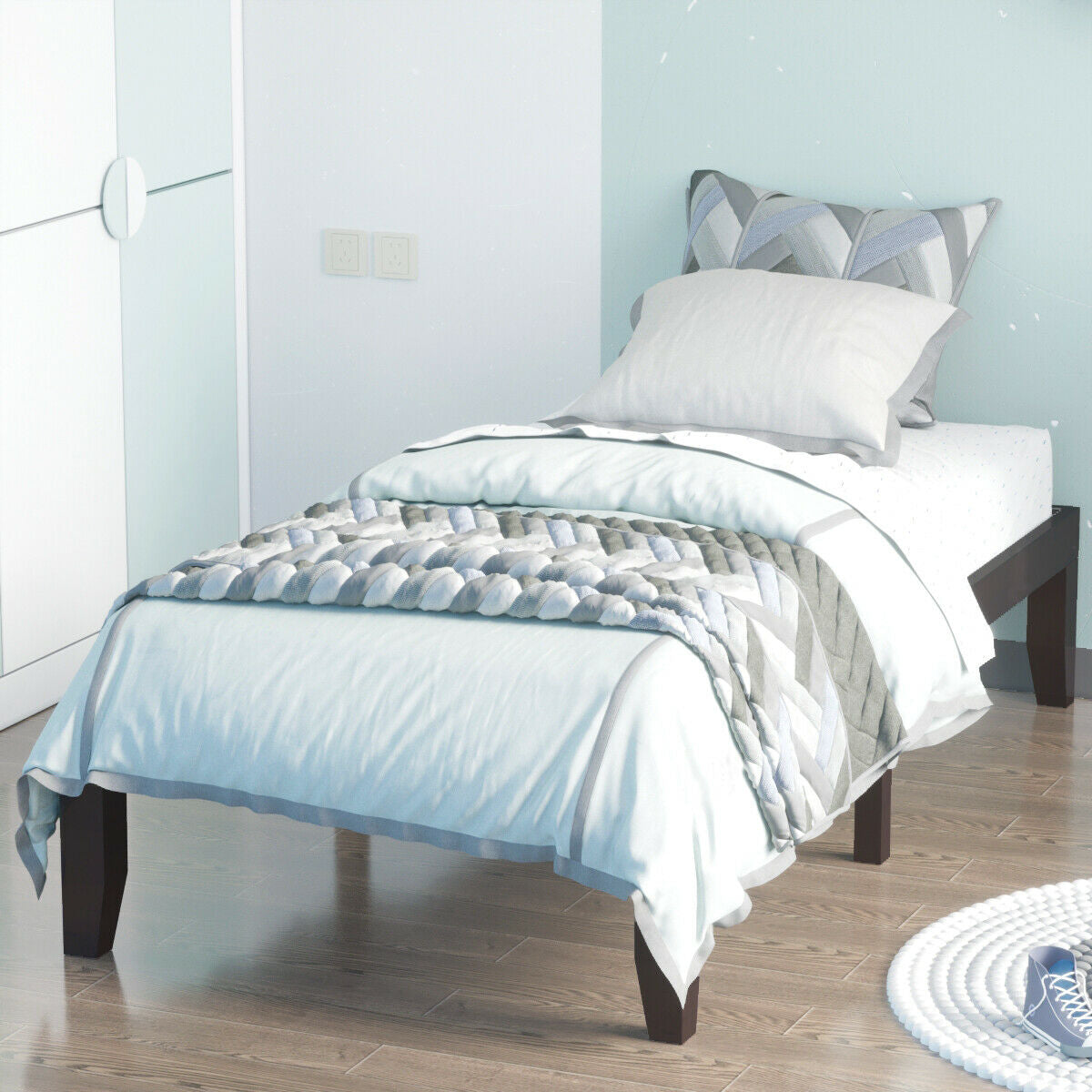 Twin Platform Bed Frame with Wood Slats - Brown