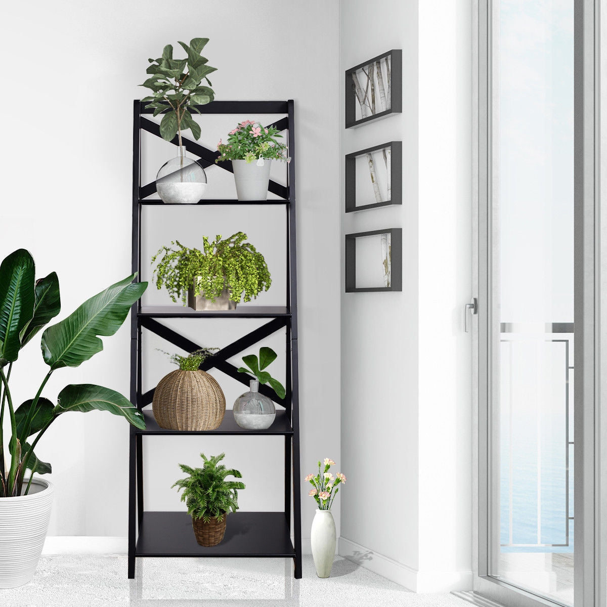 4-Tier Leaning Free Standing Ladder Shelf Bookcase Display
