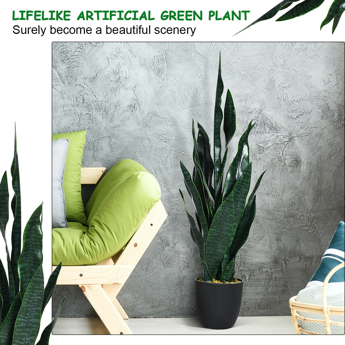Artificial Snake Plant 35.5 Inch Indoor Outdoor Sansevieria Dark Green Leaves