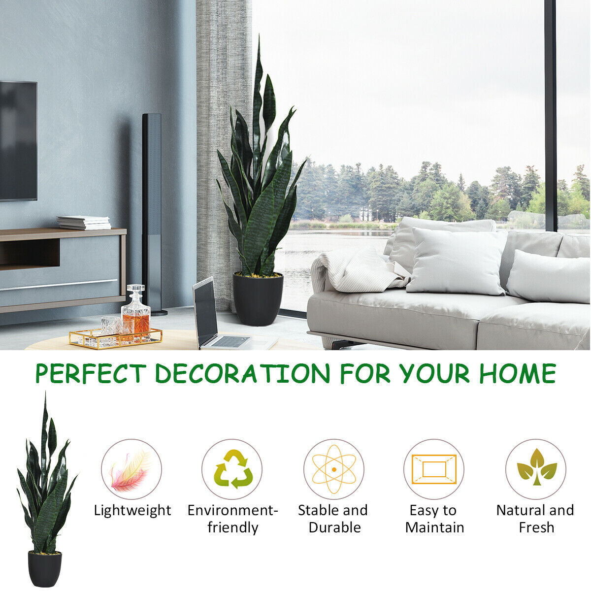 Artificial Snake Plant 35.5 Inch Indoor Outdoor Sansevieria Dark Green Leaves
