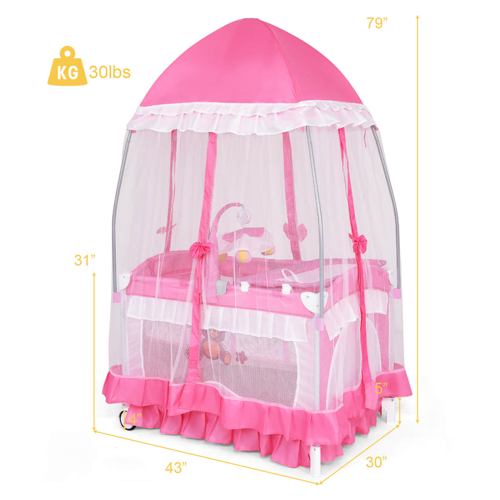 4-in-1 Portable Baby Playard with Carry Bag, Mosquito Net & Removable Bassinet - Pink