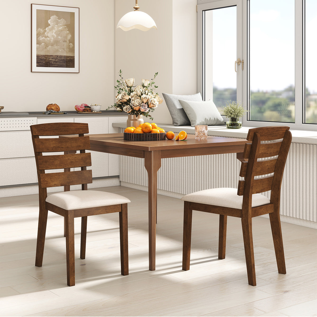Dining Chair Set of 2, Slatted High Backrest, Rubber Wood Legs - Brown