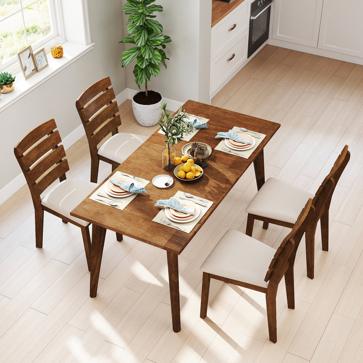 Dining Chair Set of 2, Slatted High Backrest, Rubber Wood Legs - Brown