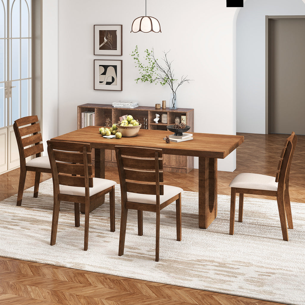 Dining Chair Set of 2, Slatted High Backrest, Rubber Wood Legs - Brown