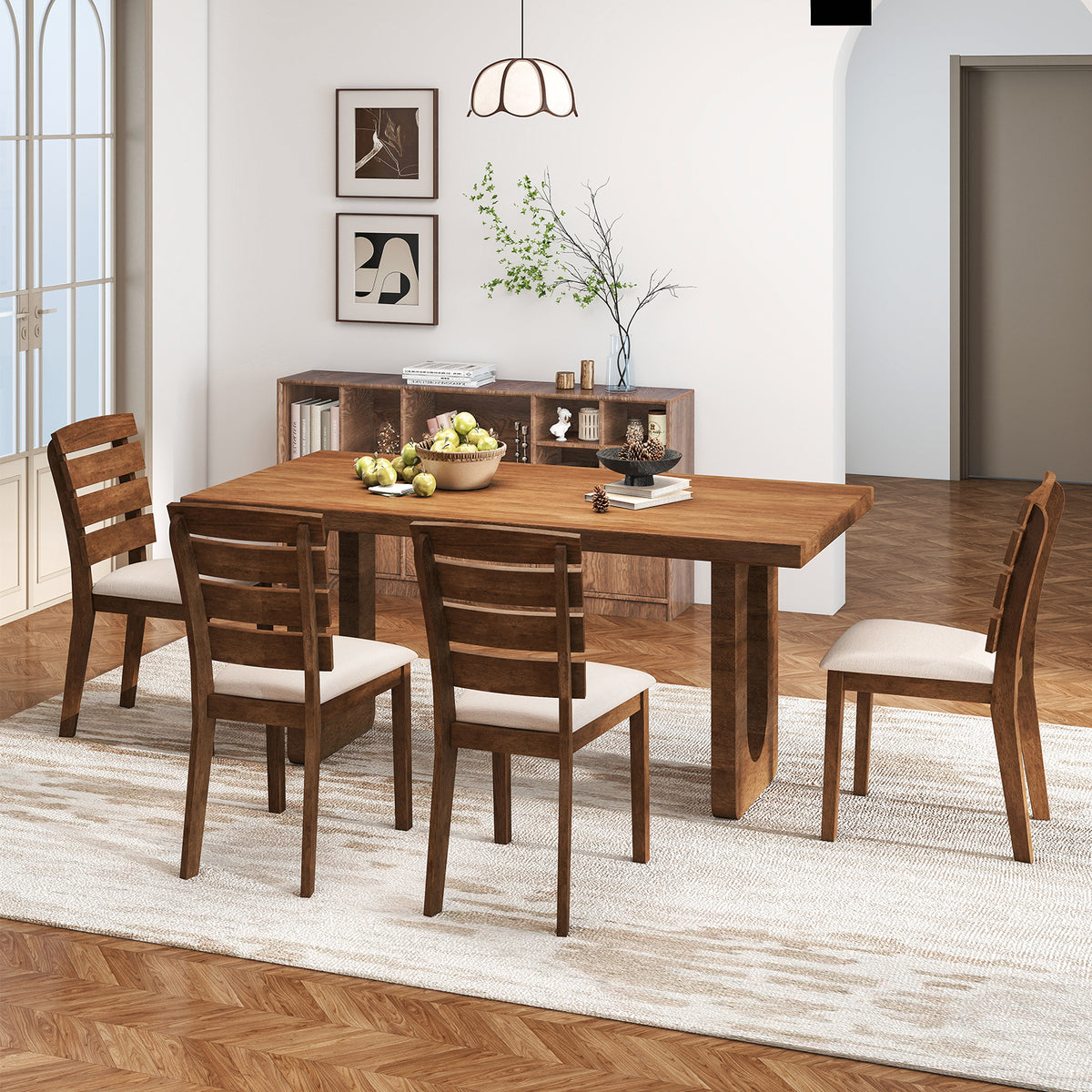 Dining Chair Set of 2, Slatted High Backrest, Rubber Wood Legs - Brown
