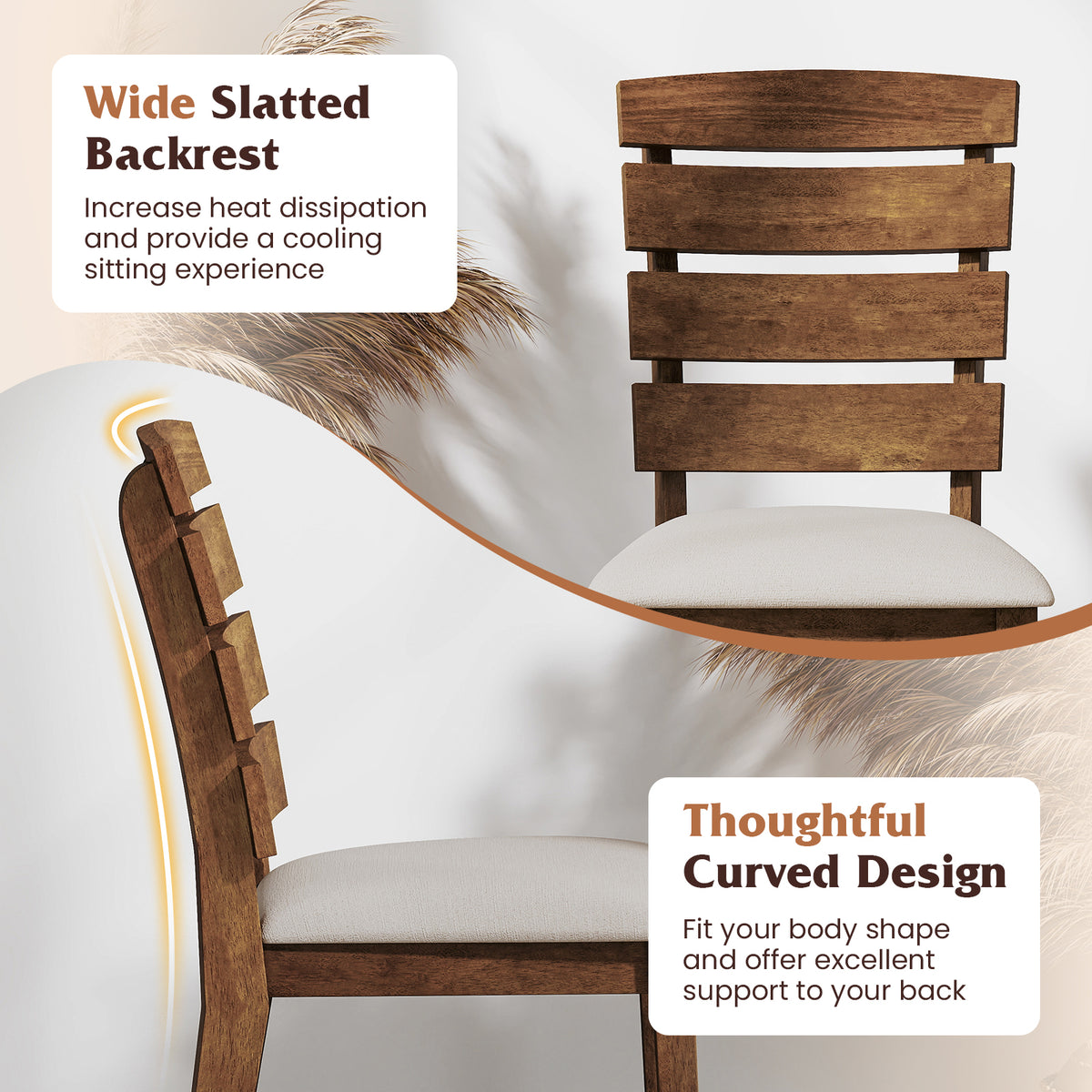 Dining Chair Set of 2, Slatted High Backrest, Rubber Wood Legs - Brown