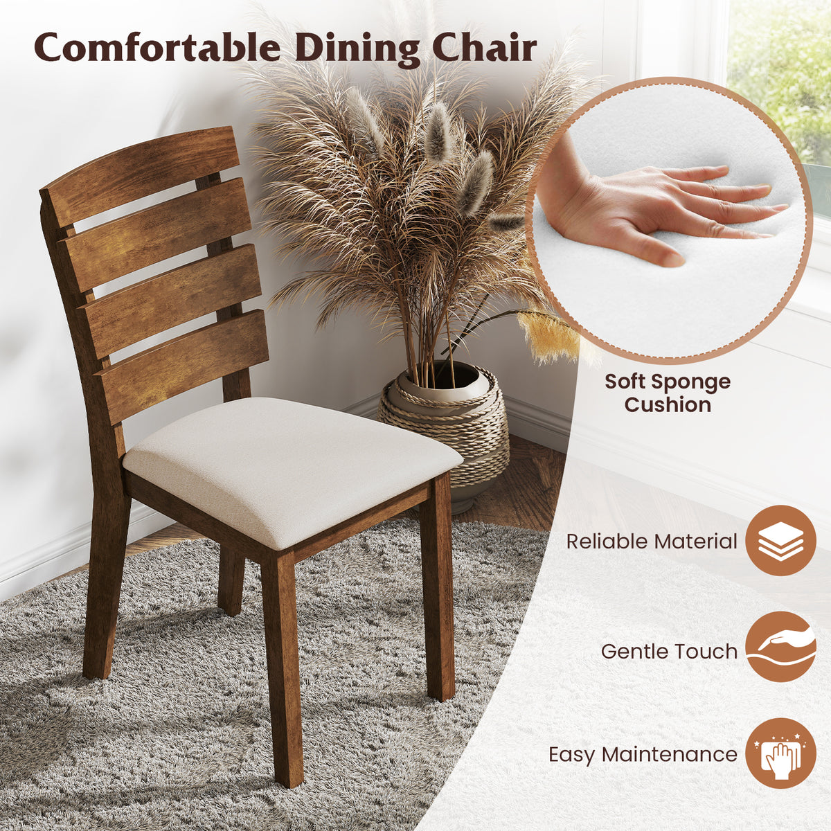 Dining Chair Set of 2, Slatted High Backrest, Rubber Wood Legs - Brown