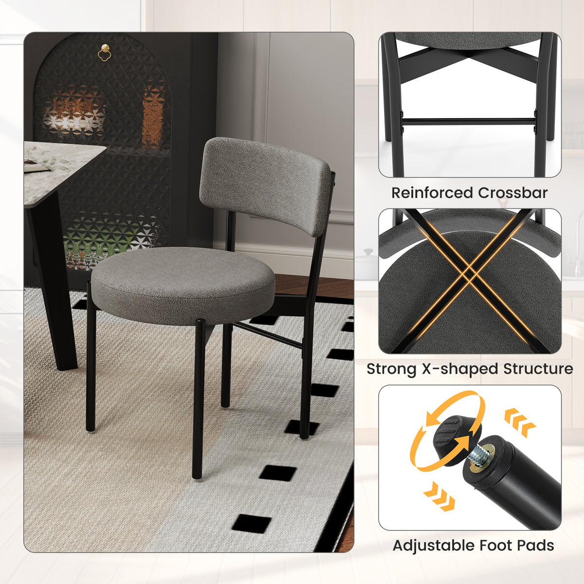 Dining Chair Set of 2, Gray - Curved Back, Padded Seat