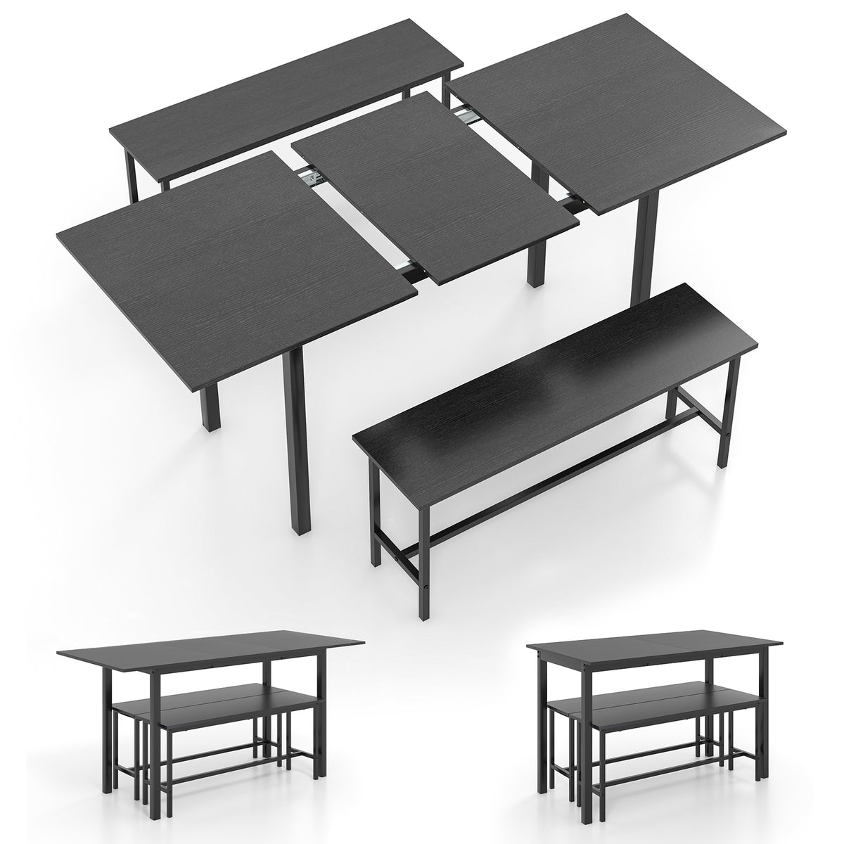 3-Piece Dining Table Set for 4-6 with Benches - Black