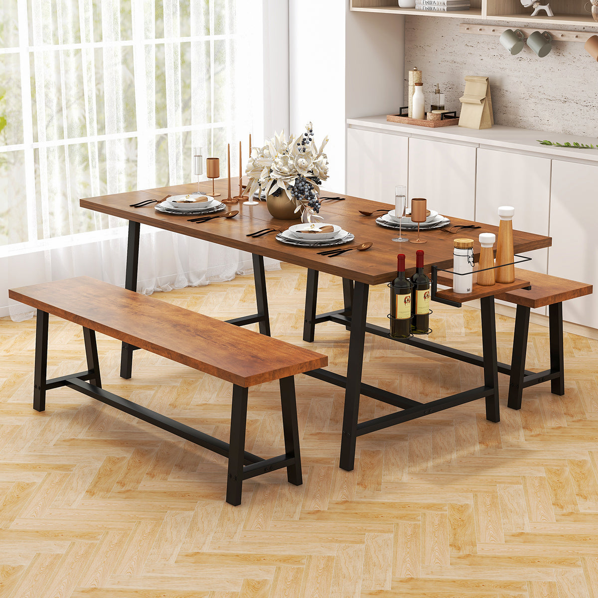 Dining Table Set for 5-7 with Wine Rack - Industrial Style
