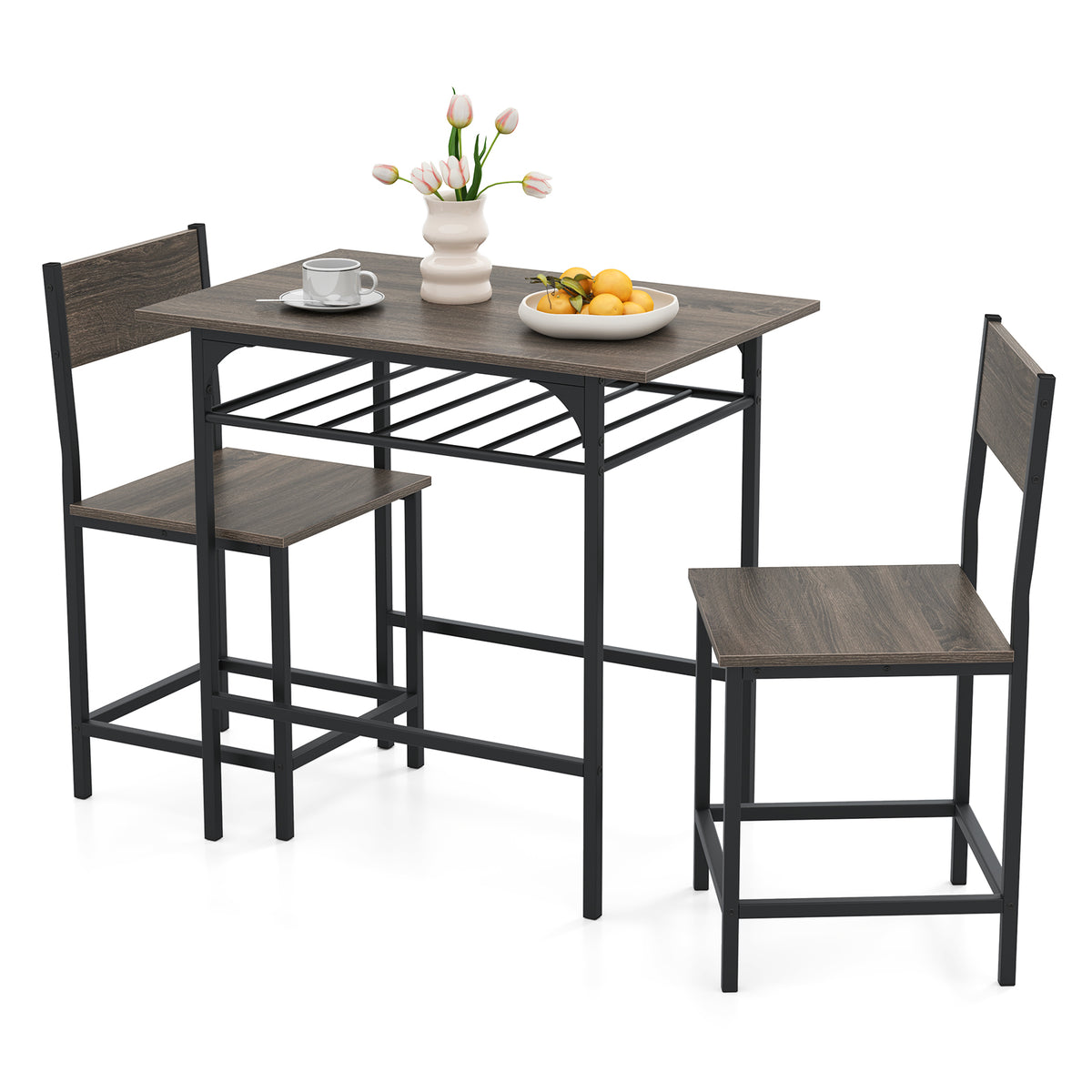 Dining Table Set with 2 Chairs & Storage Rack - Rustic Brown