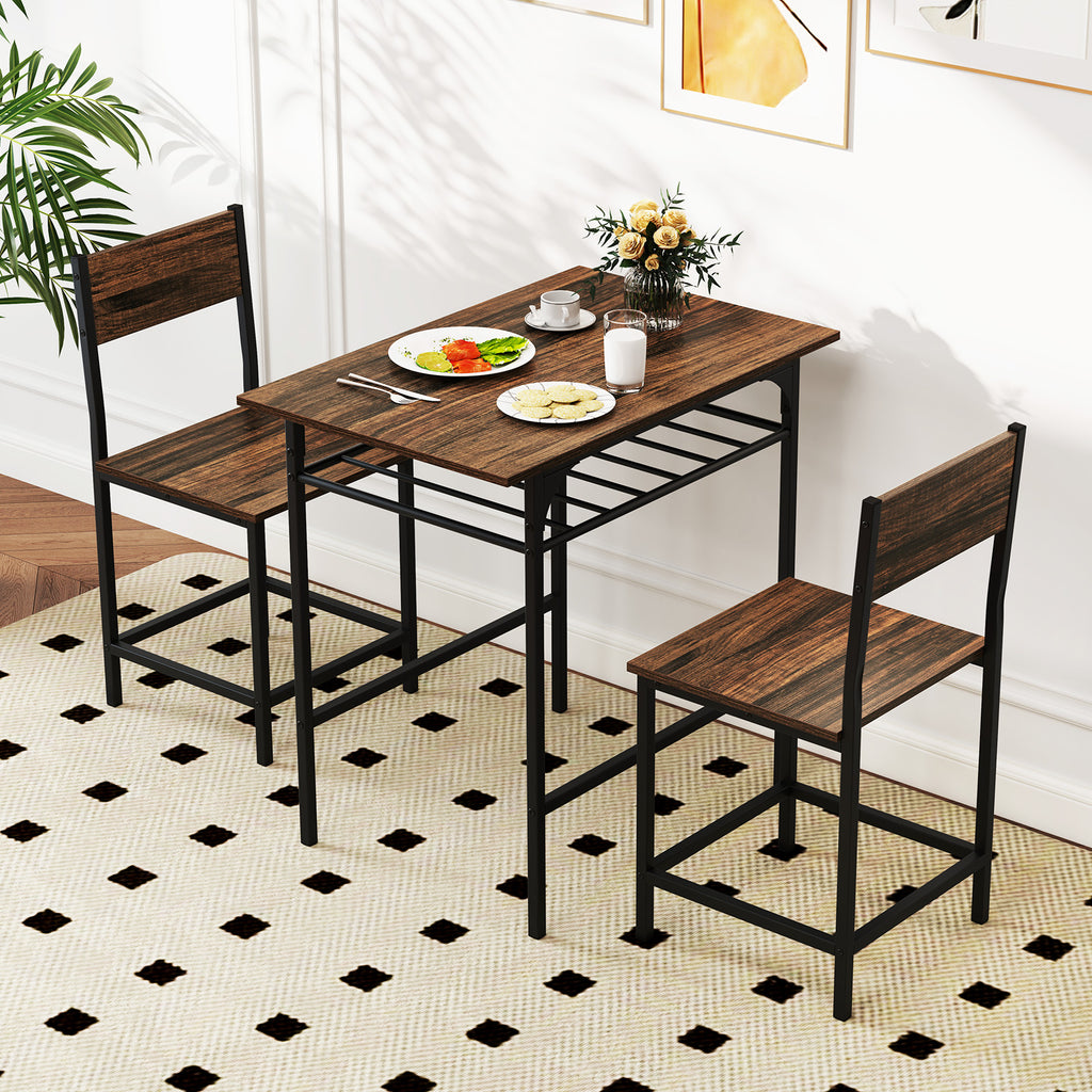 Dining Table Set with 2 Chairs & Storage Rack - Rustic Brown